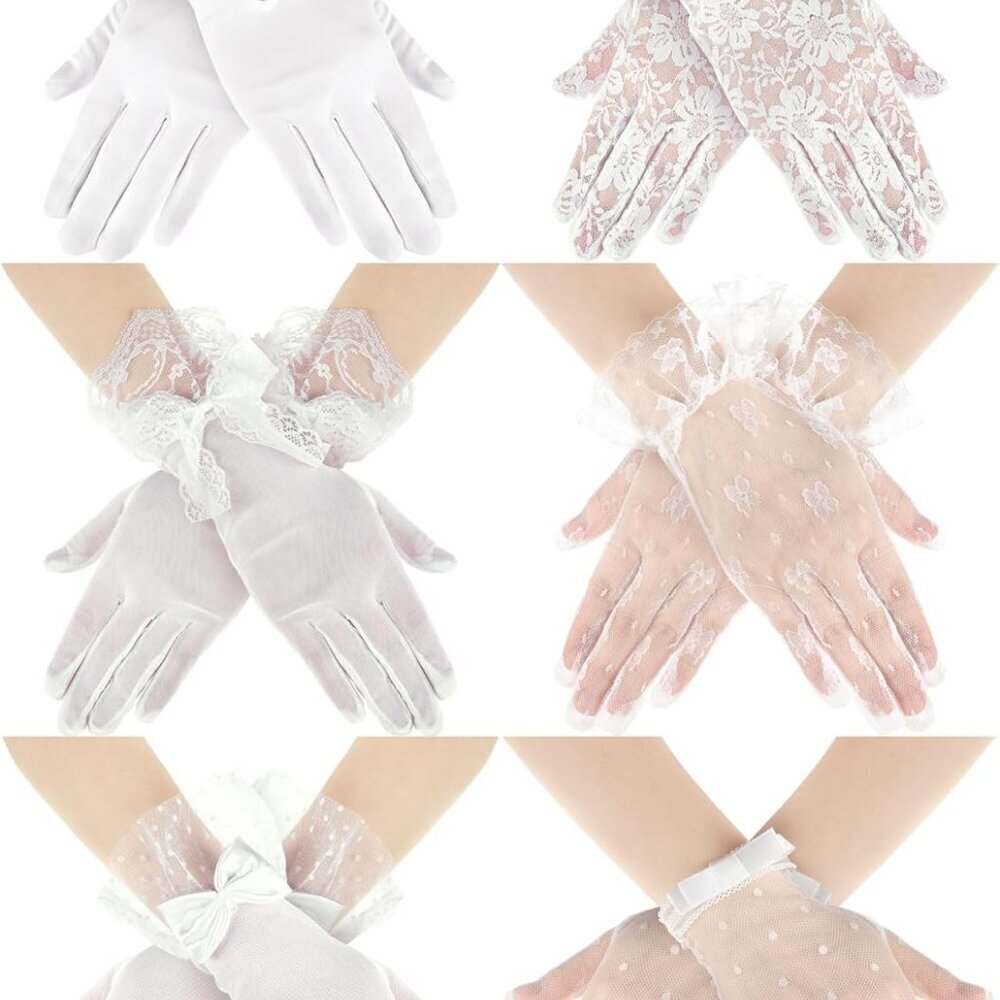 White Lace Gloves 6 Pairs Women's Short Vintage Mesh Bridal Wedding Opera Access